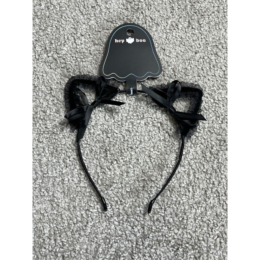 Hey Boo Kids Halloween Cat Ear Headband Ruffle Satin Bow Accessory Black OS